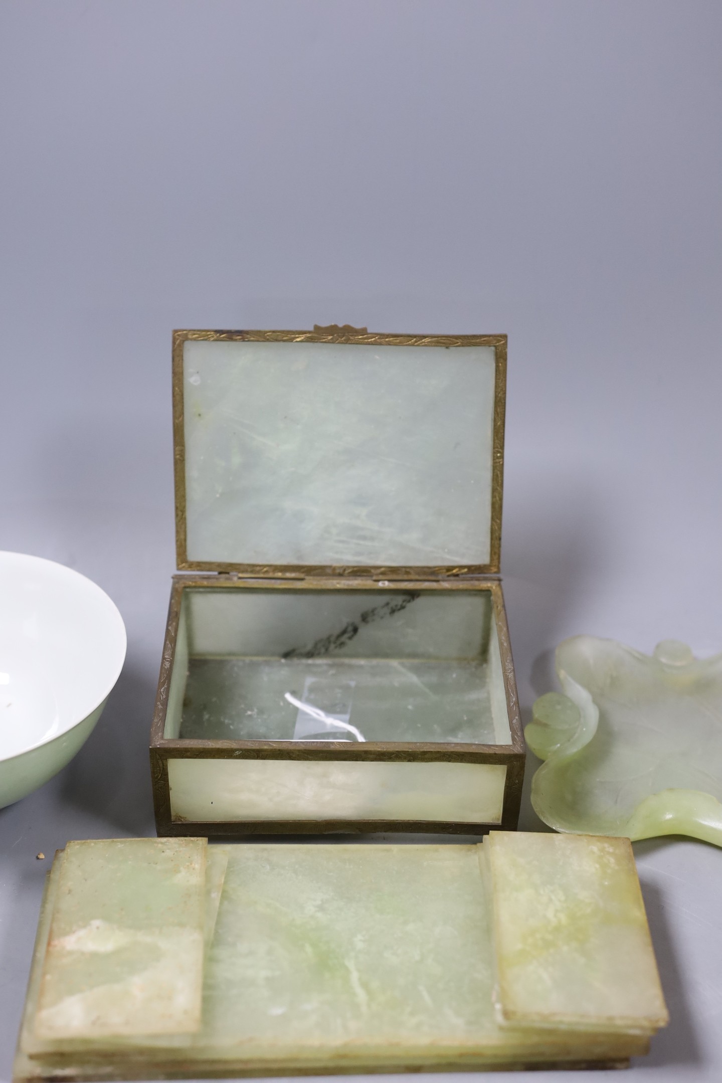 A group of Chinese bowenite jade items; a box, brushwasher etc and a porcelain bowl